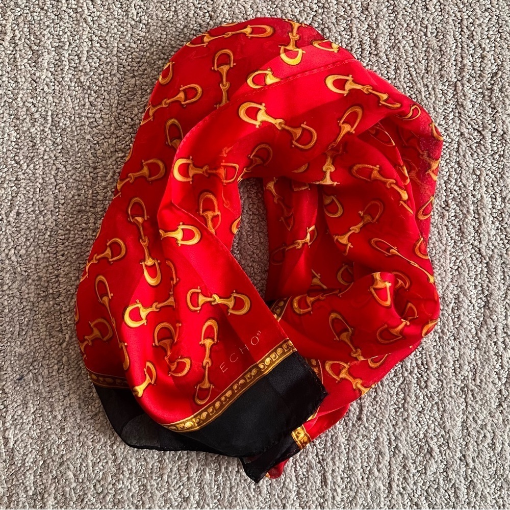 Echo Scarf Sill Red and Gold | Vintage | Western | Equestrian | Quiet Luxury - Picture 3 of 10